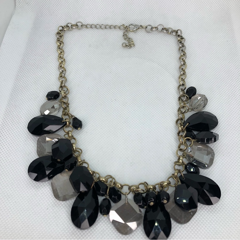 Crystal Necklace with Black and Clear Oval Square Faceted Statement Necklace